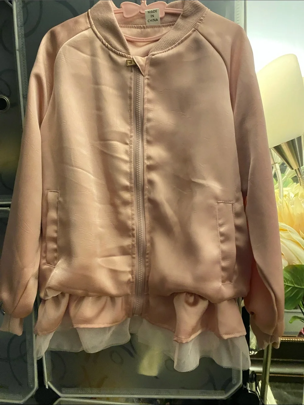 NWOT, Girl’s Pink Ruffle-Hem Bomber Jacket -  Lightweight Coat